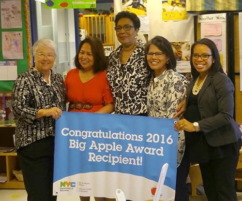 Carmen Fariña, New York City Schools Chancellor; Bonnie Mallonga, FALC Chief Operating Officer; Vivian Fox, CCF Executive Director; Nila Johnson, Pre-Kindergarten lead teacher at FALC; and Rossmery Dais, CCF Chief of Staff.